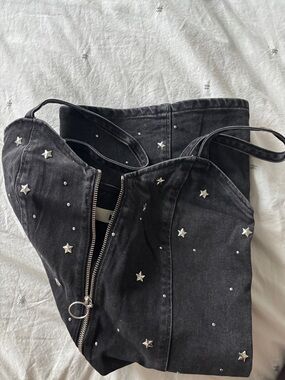 Topshop Moto Collection Black Denim Star Studded Zip Mini Dress Festival